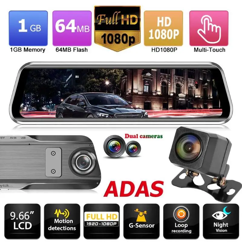  Anytek T900+ 9.66 Inch Touch Car Rearview Mirror Car DVR Camera 1080p+1080p ADAS WDR Dash Cam Drivi