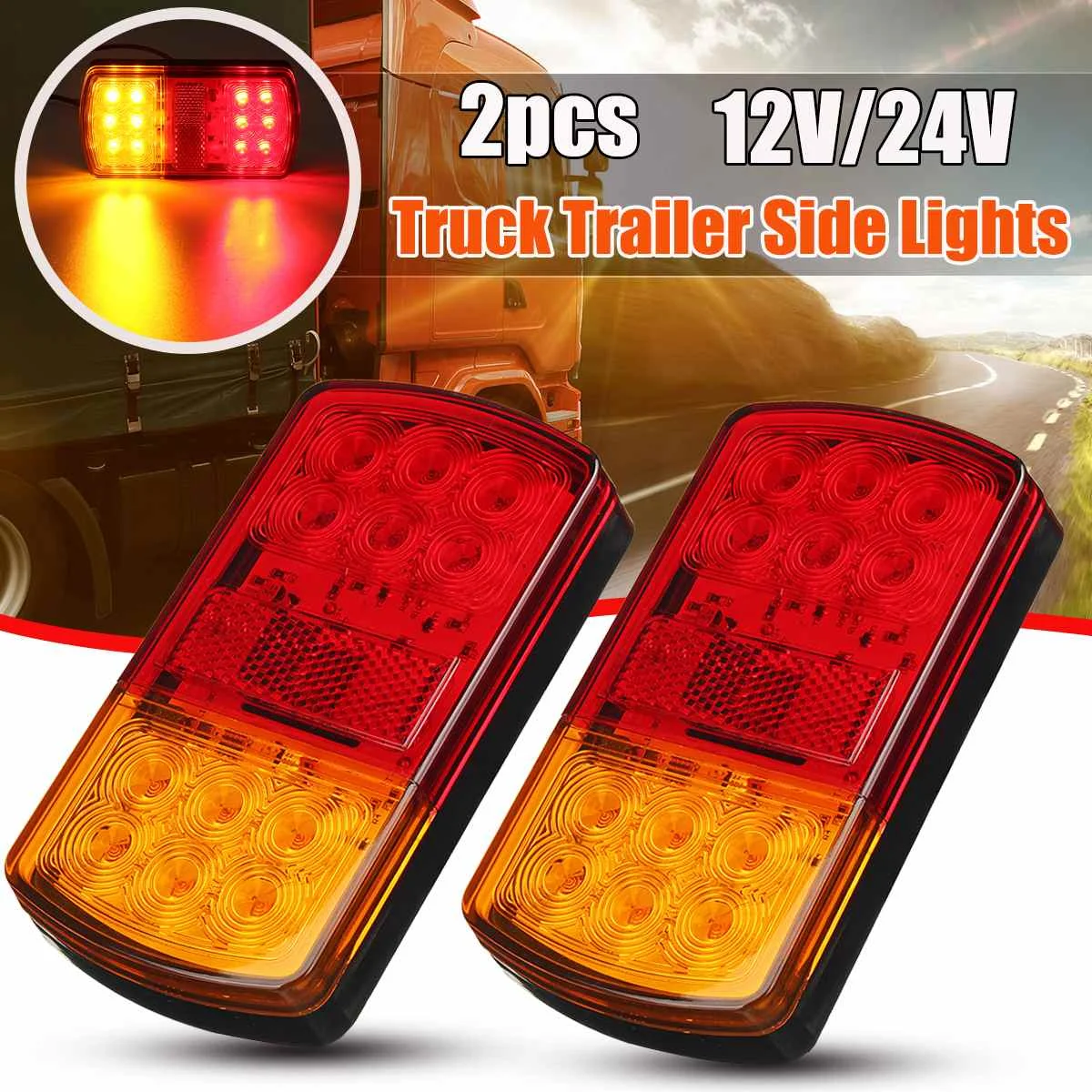 

2x 12V 24V Car Truck LED Rear Brake Light Red Amber Warning Indicator Lamps Waterproof for Trailer Caravans Campers ATV