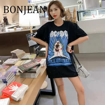 

BONJEAN 2019 Summer Tops and Tees Short Sleeve Beading Shirt for Women Black T Shirt with Rhinestone Print Loose Shirt BJ1281