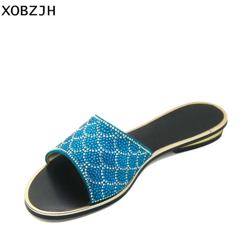 

Shoes Women 2019 Women Sandals Flat Sandals Blue Rhinestone Luxury Fashion Wedding Party Open Toe Ladies Shoes Plus Size XOBZJH