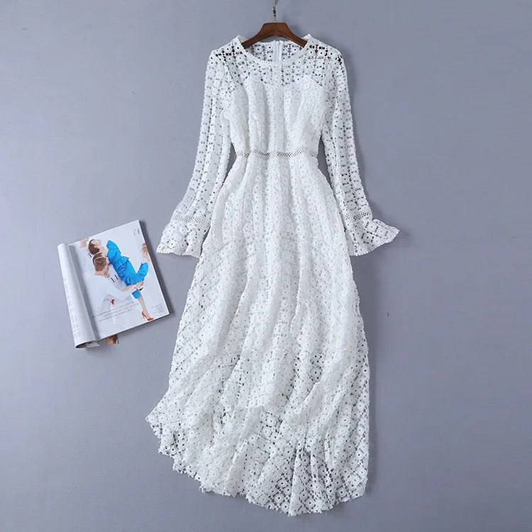 

Runway Designer 2019 Spring Summer Dresses Women's High Quality Hollow Out Lace Embroidery Flare Sleeve Elegant Maxi Dress Festa