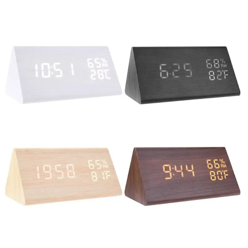 

Intelligent Induction USB Wood LED Sound Control Alarm Clock Timer Calendar Temperature Display Table Clock Home Decor
