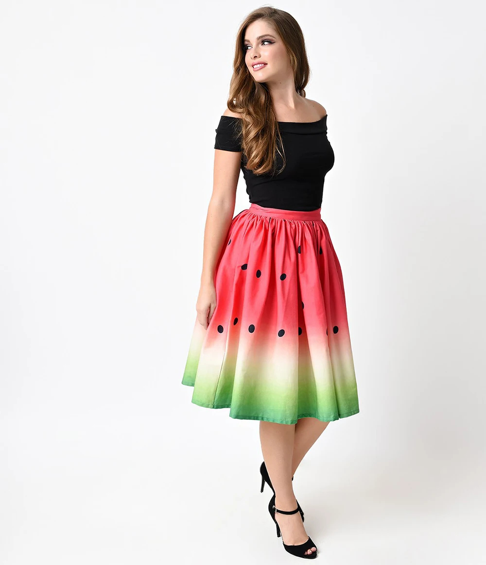 

Elegant Vintage Retro Fresh Pleated Printed Digital Short Skirt Summer Fruit Watermelon Lemon