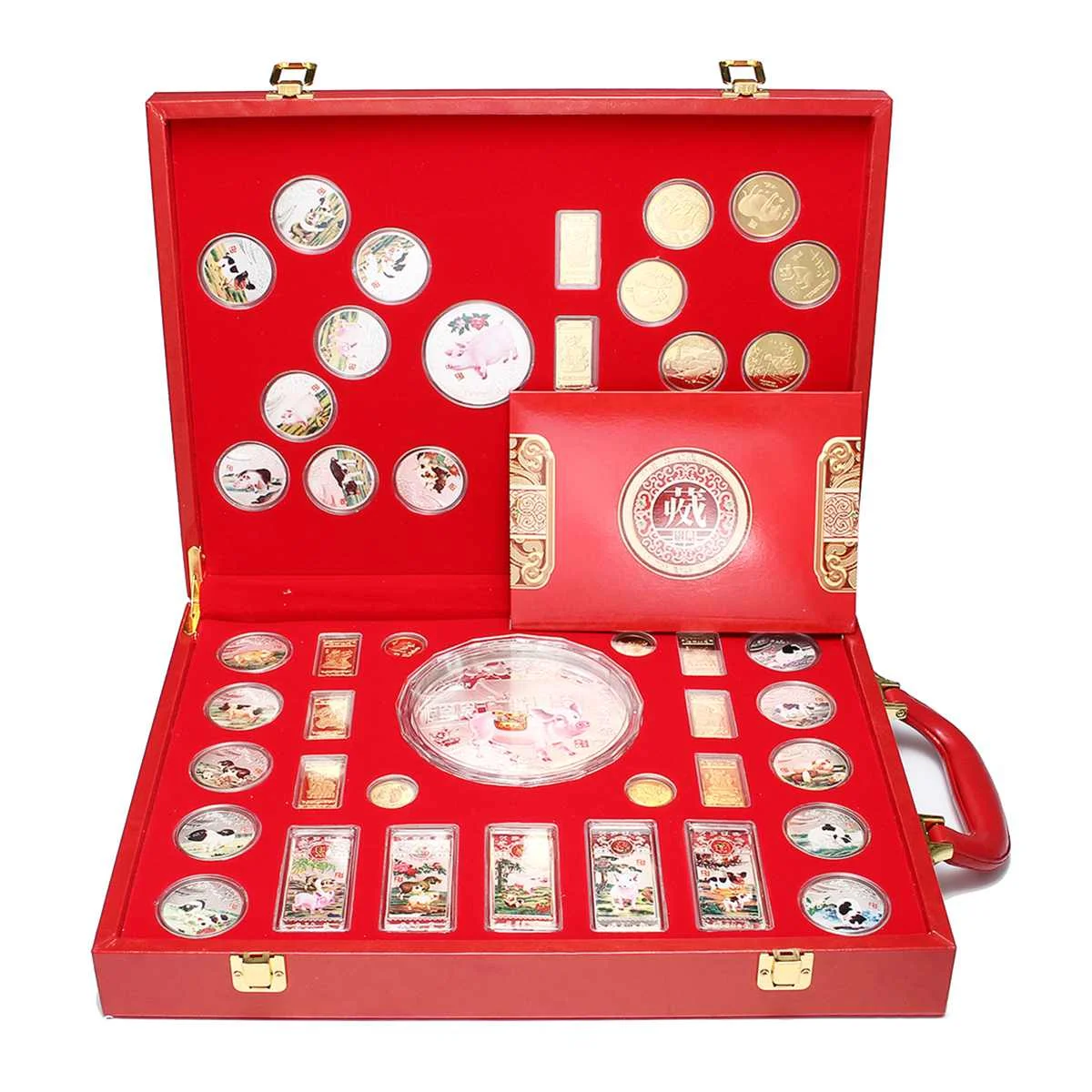 

46Pcs/set Pig Commemorative Coin Year of Pig Collection Coins for Gift Home Car Decoration Gold/Silver Plated with Storage box