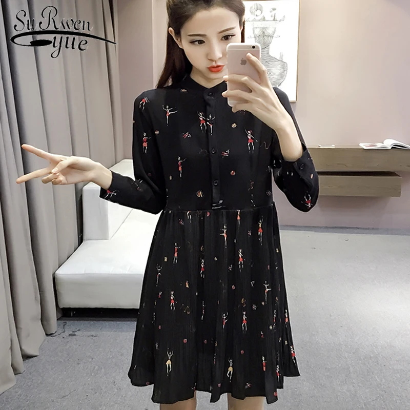 

Fashion woman dresses 2019 spring long sleeve print chiffon dress women casual plus size A line Pleated women dress 2186 50