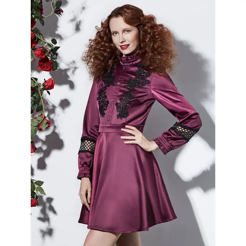 

Women Mini Dresses Elegant Purple Casual Party Gothic Aline Stand Collar Zipper Hollow Embroidery Bead Female Fashion Lady Dress