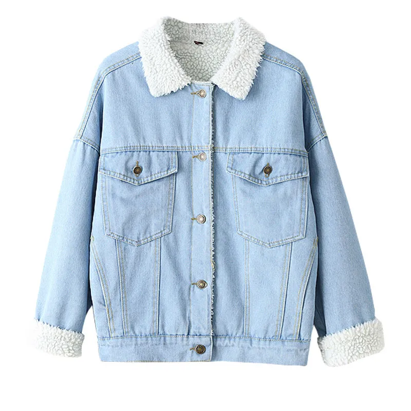 

Winter Explosion Fur Denim Jacket Women Bomber Jacket Long Sleeve Youth Washed Blue Jeans Jacket Coat Warm Lining Front Button