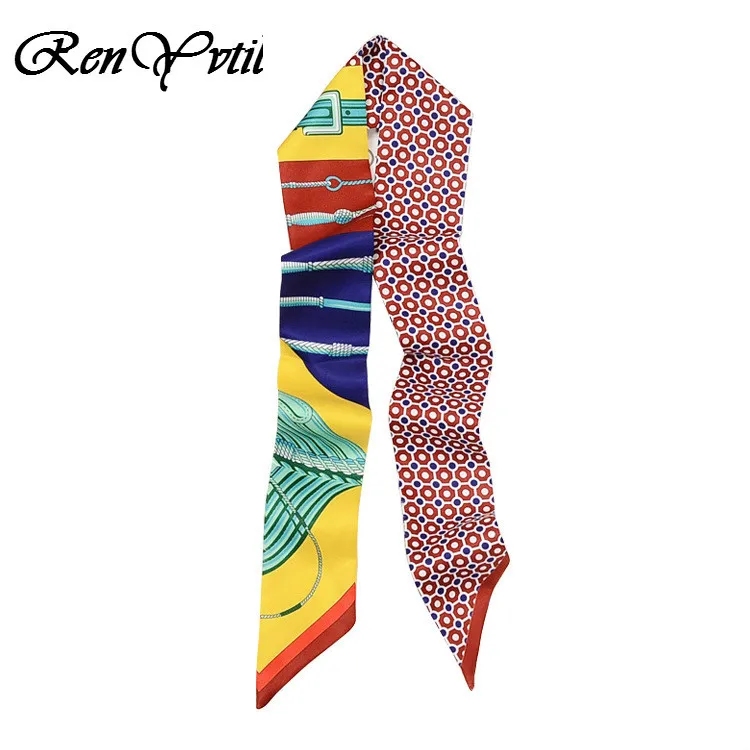 

5 Colors Bright Luxury Brand Women Small Print Silk Scarf Runway Head Headband Handle Bag Ribbons Female Tie Small Long Scarves