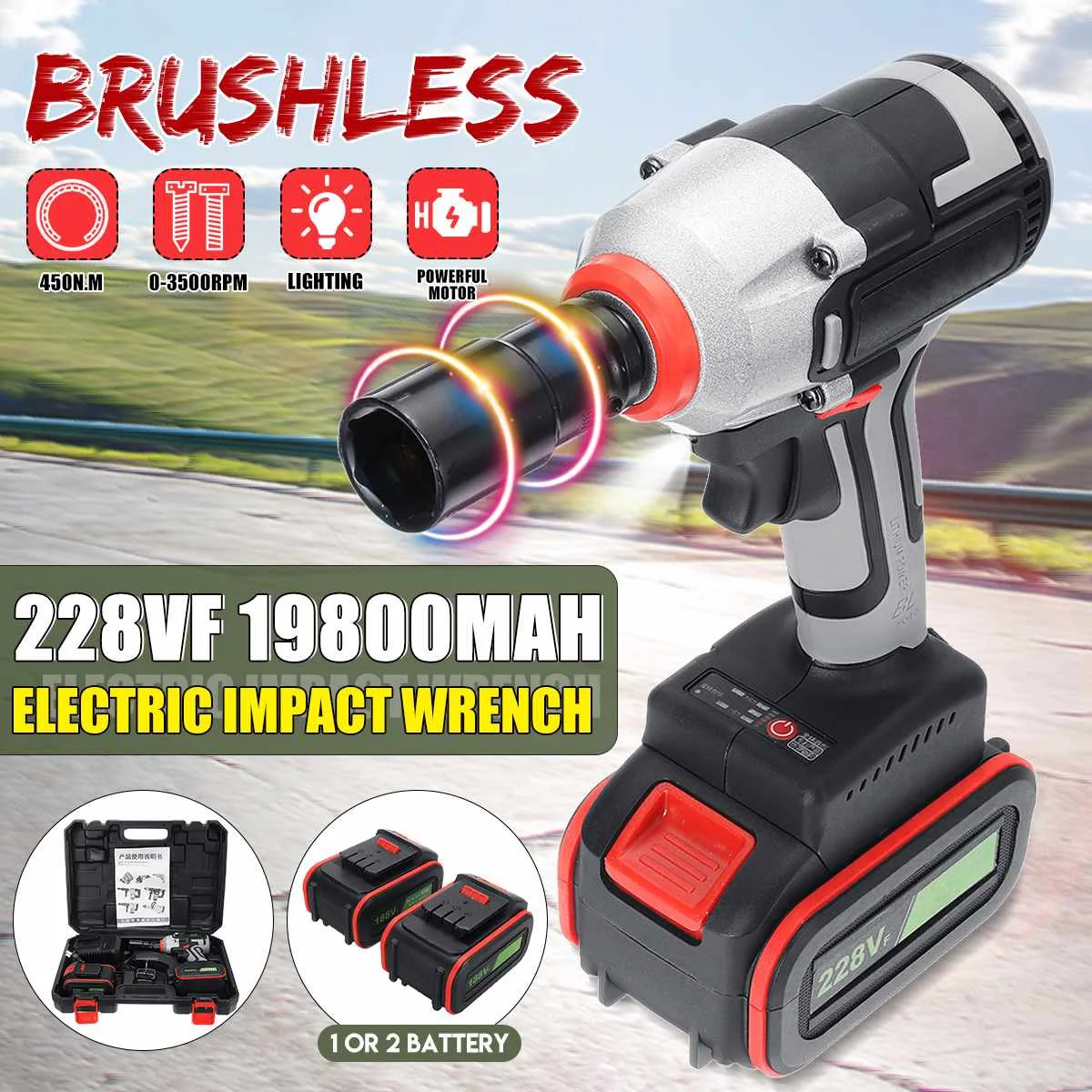 

450Nm Torque Cordless Impact Socket Wrench Brushless Electric Wrench 228V Li Battery DIY Home Hand Installation Power Tools New