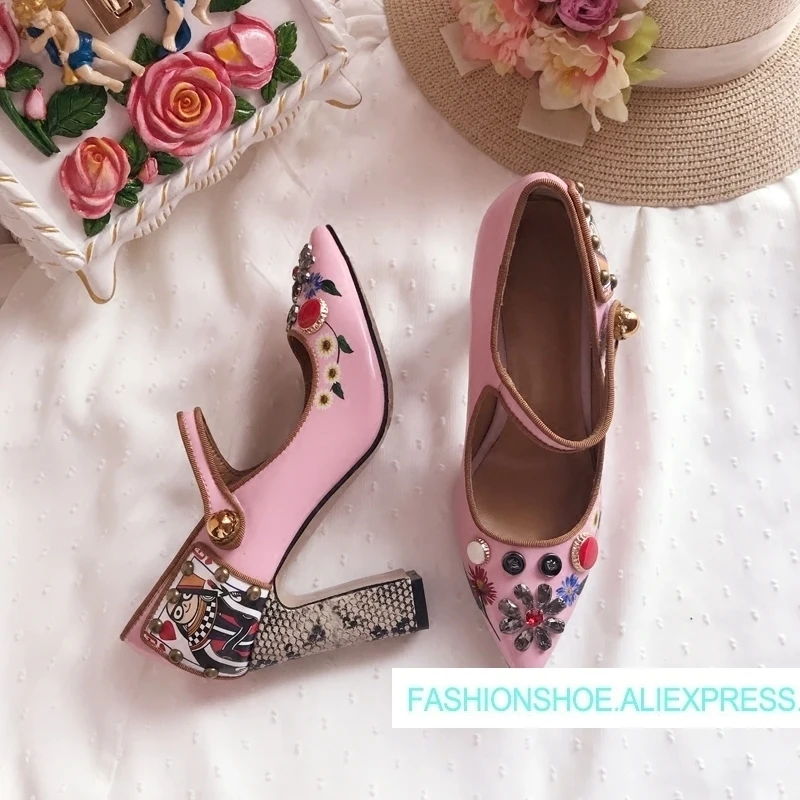 

Ethnic Mary Janes Pumps Shoes Woman High Square Heels Pointed Toe Designer Leather Printed Pumps Shallow Party Pumps Tide Shoes