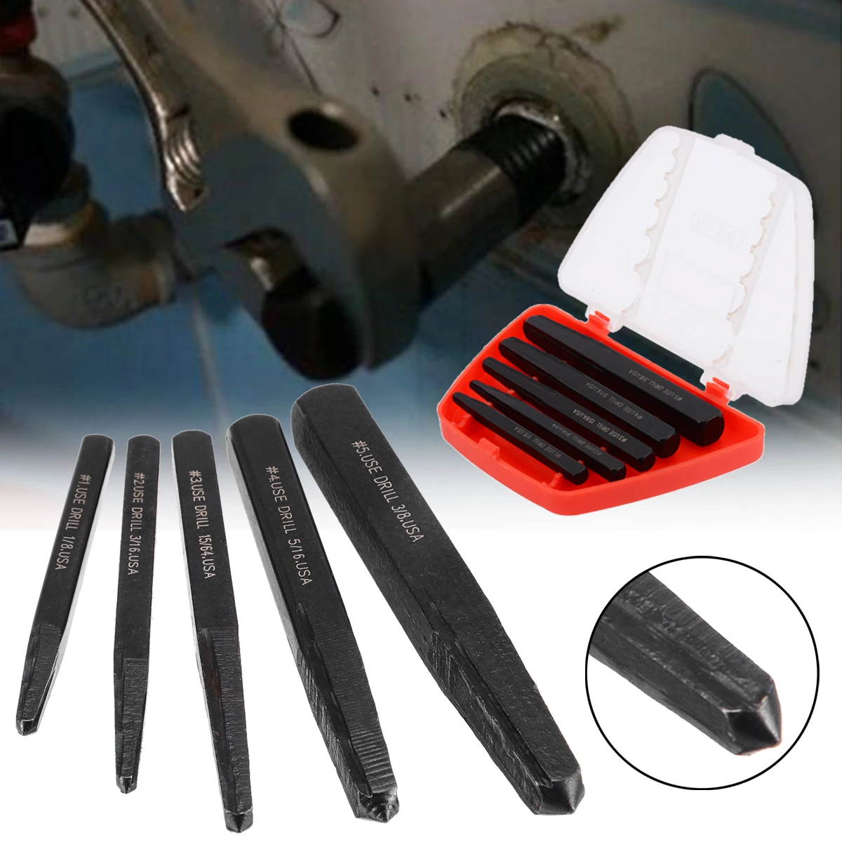 

5pcs/set Screw Extractor Kit Tool Steel Drill Bit Guide Broken Damaged Bolt Remover Drill Bits 1/8-3/8" Power Tools