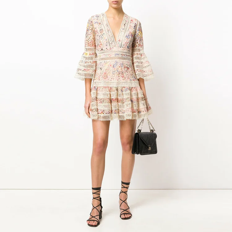 

Banulin Self Portrait Dress 2019 Women High-end Floral Embroidery Hollow Out Lace Dress V-neck White/Black Bohemian Beach Dress