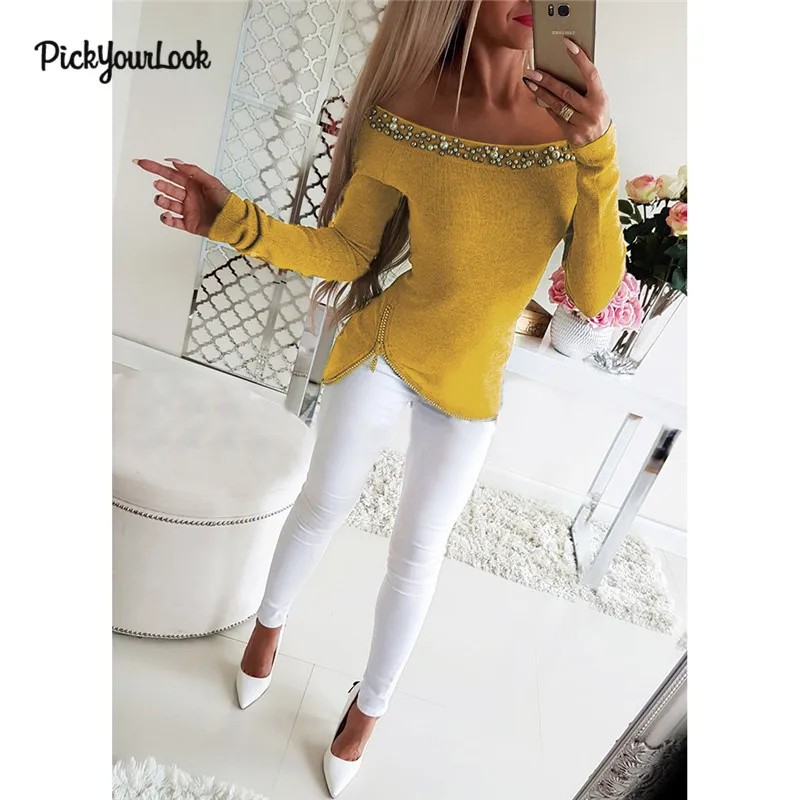 Pickyourlook النساء البلوزات طويلة الأكمام الخريف محبوك قمم قميص تيشرت السيدات سستة قبالة الكتف الإناث قمم قميص