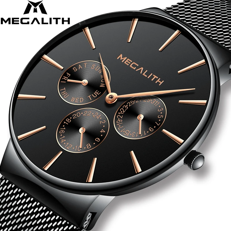 

MEGALITH Watch Men Mesh Steel Strap Bracelet Quartz Mens Waterproof Date Calendar Fashion Ultra Thin Design Sports Wrist Watches