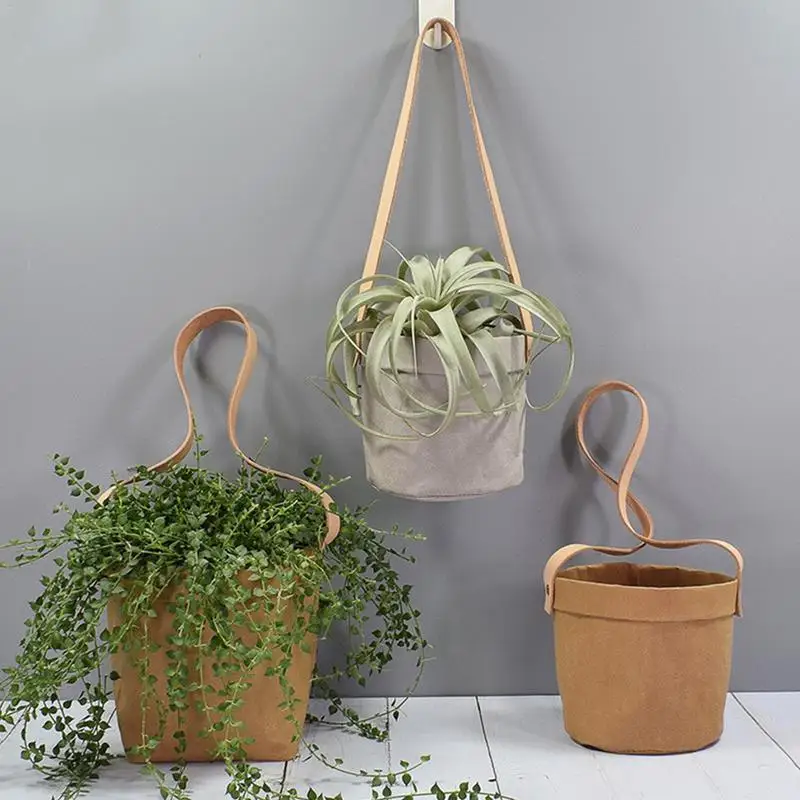 

Mini Succulents Planter Pot Washable Kraft Paper Flowerpot Kraft Paper Hanging Flower Pots With Leather Hand Strap Hanging Pot