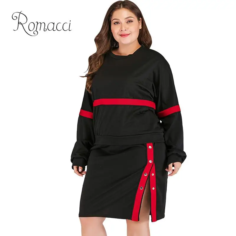 

Romacci Fashion Striped Two Piece Set Women Long Sleeve Plus Size Sweatshirt Button Split Skirt Outfits Casual Loose Suits Black