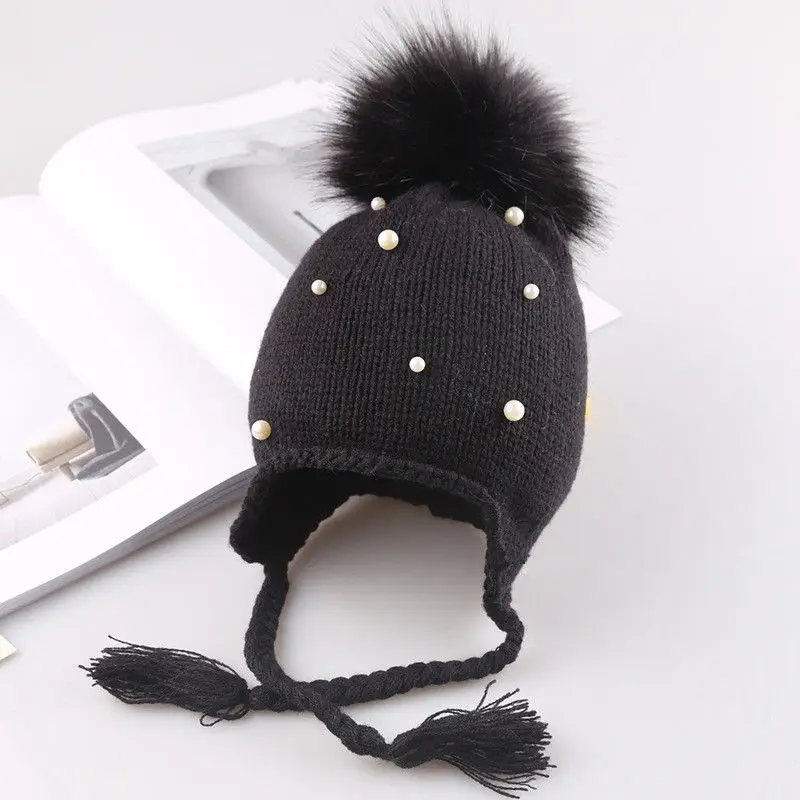 Популярная зимняя детская хлопковая шапка с жемчугом для маленьких мальчиков и девочек, шапочки, Мягкая шерстяная шапка черного цвета