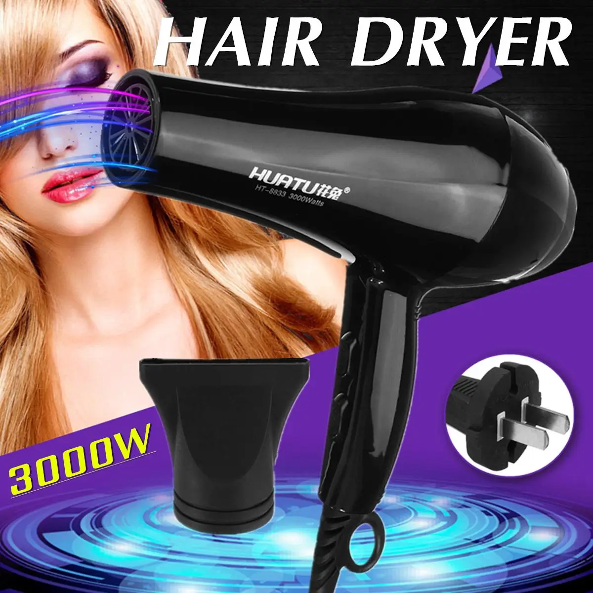 

Electric Hair Dryer Professional Strong Power 3000W Blower Diffuser Salon Nozzle Hot & Cold for Hairdressing Barber Tools Home