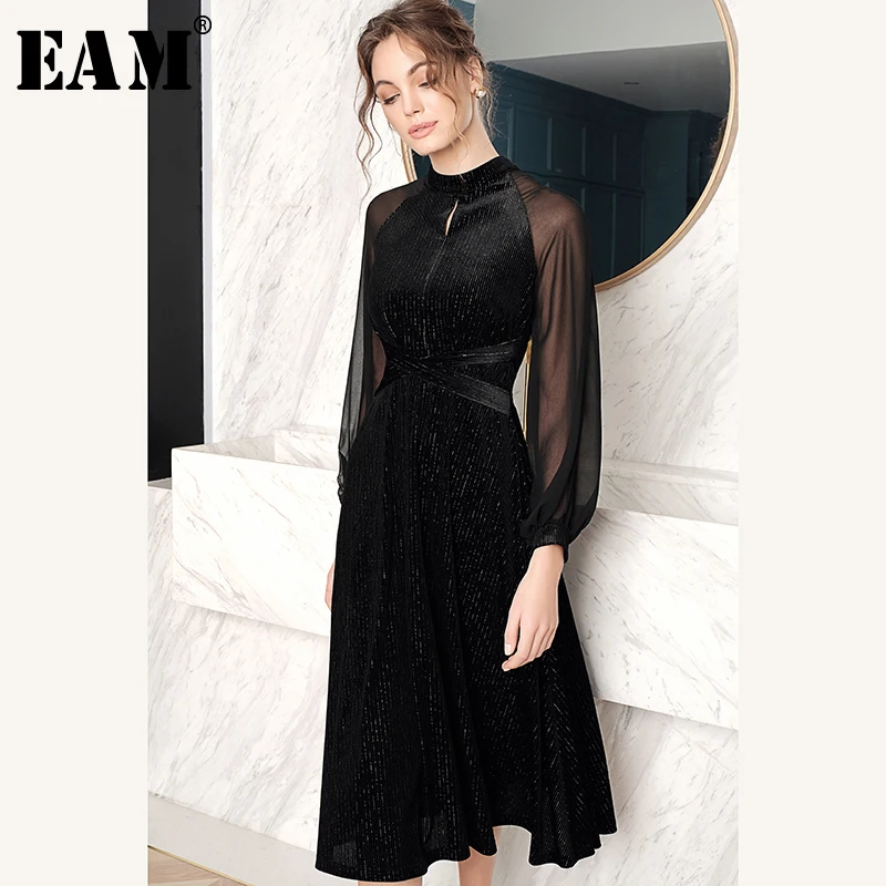 

[EAM] 2019 New Spring Summer stand collar Long lantern Sleeve velvet perspective temperament Dress Women Fashion Tide JR0790