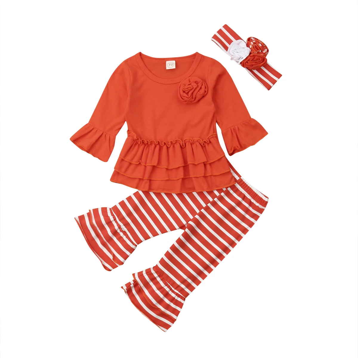 

3PCS Newborn Kids Baby Girl Dress OrangeTops+Floral Pants+Headband Outfit Clothes Set
