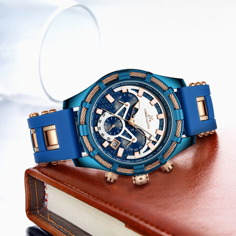 

MEGALITH Mens Watches Top Brand Luxury Quartz Watch Blue Silicone Strap Waterproof Sports Chronograph Wristwatches Clock