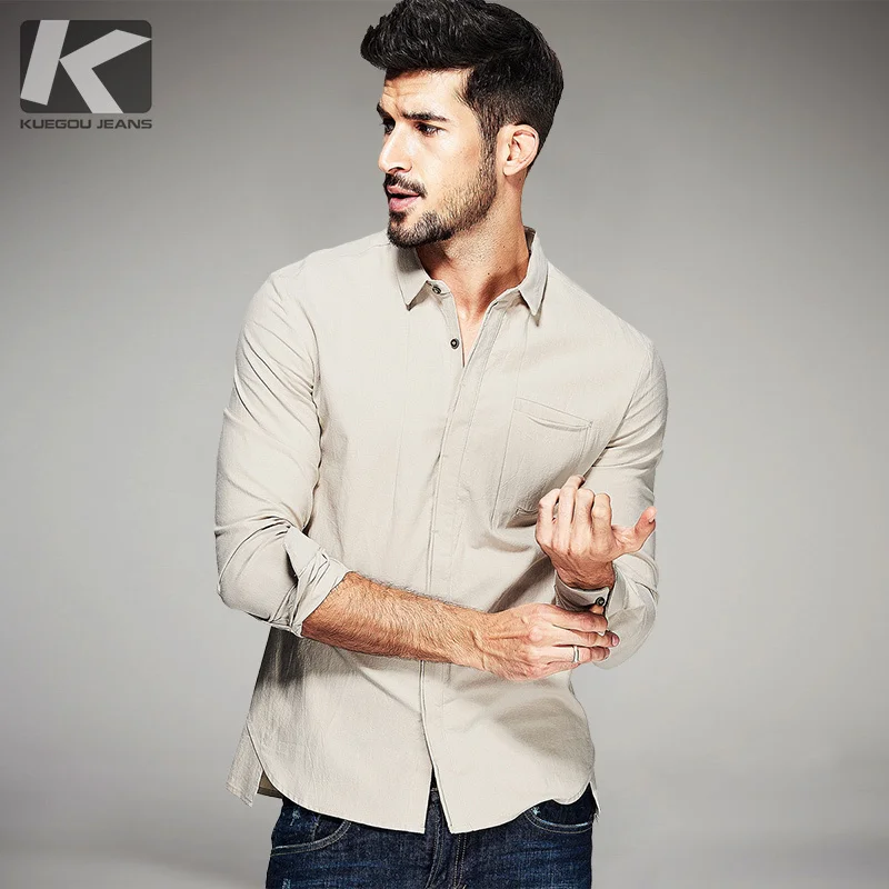 Vente KUEGOU Nouveau Printemps Hommes Casual Chemises 100% Coton Abricot Couleur de Poche Marque Vêtements Homme Manches Longues Slim Fit Vêtements 9319