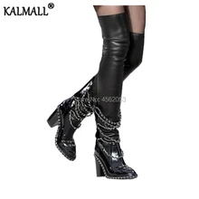 KALMALL/Черные ботильоны из лакированной кожи; botas Mujer; эластичные высокие ботинки; обувь для подиума; ботинки с цепочкой на квадратном каблуке; женская обувь; большой размер 43