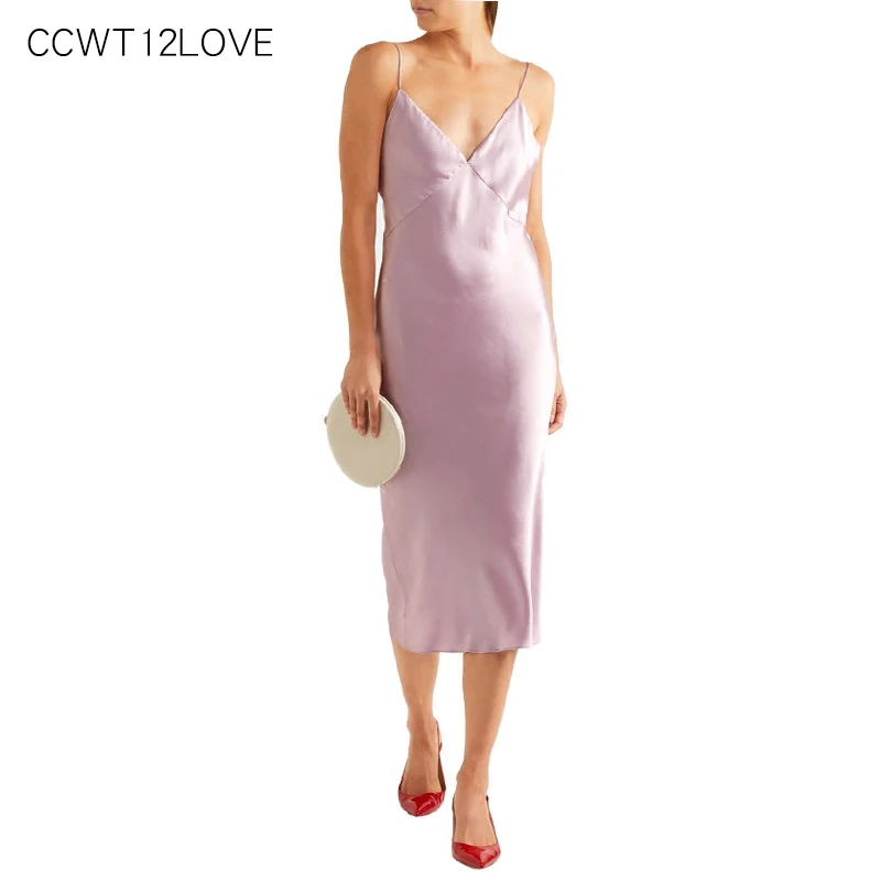 

Satin Dress Women Long Sexy V Neck Backless Dress Summer 2019 a Line Sleeveless Beach Dresses Midi Underwear Holiday Sundress
