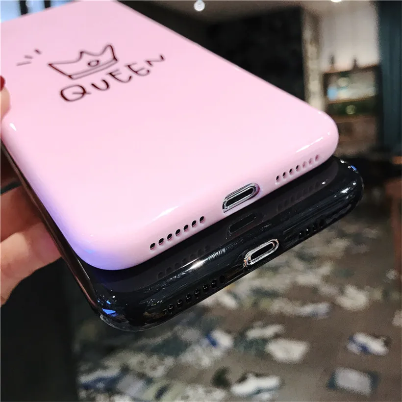USLION Cartoon Crown Phone Case for iPhone 6 6s 7 8 Plus Silicon TPU Cases For iPhone XR XS Max Letter King Queen Back Cover