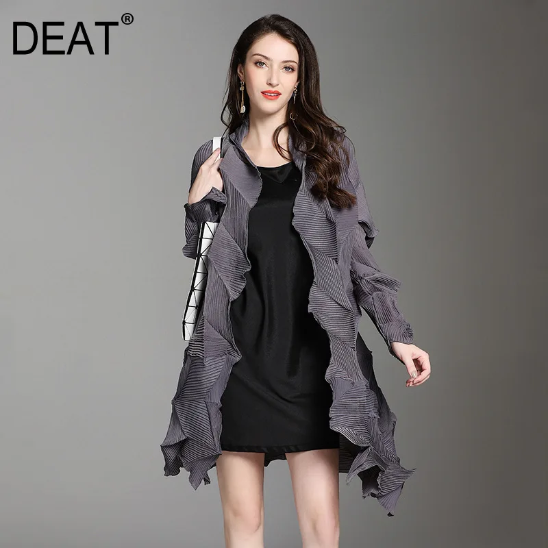 

[DEAT] 2019 New Spring Winter V-collarl Long Sleeve Black Fold Irregular Big Size Pleated Jacket Women Coat Fashion Tide JL31