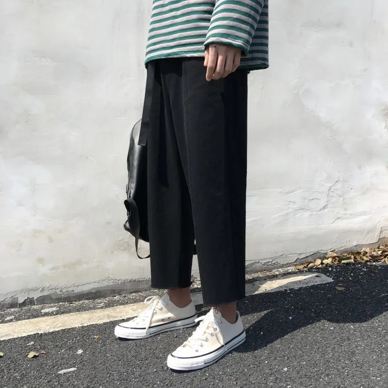 

2019 Spring And Summer Japanese Korean Trend Casual Couple Solid Color Loose Youth Male Cropped Trousers Streetwear Hip Hop