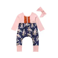 Для новорожденных девочек с цветочным узором и длинными рукавами в стиле пэчворк Детский комбинезон с повязкой-бантом наряды одежда