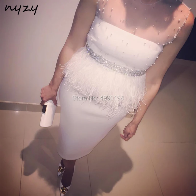 

NYZY C27 vestido coctel mujer elegant Off White Pearls Crystal Feather Cocktail Dress Party Evening robe de soiree courte 2019