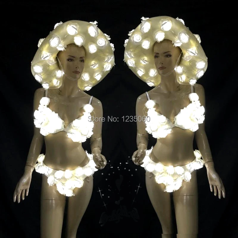

Free Shipping New White Feather Led Dress Performance Costume Led Festa Sexy Led Light Suit