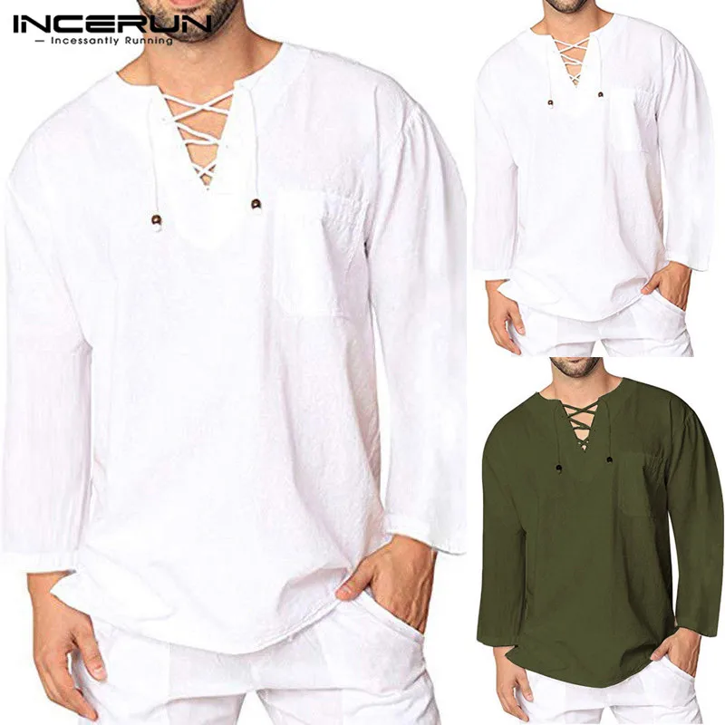 Streetwear Mens Shirts Bandage Lace Up V Neck Long Sleeve Tee Camisa Chemise Hombre Medieval Renaissance Fashion Men Clothing