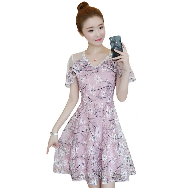 

Summer Women Elegant Floral Print Lace V-Neck Party Dress Fashion Short Sleeve Casual A-line Dresses Vestidos