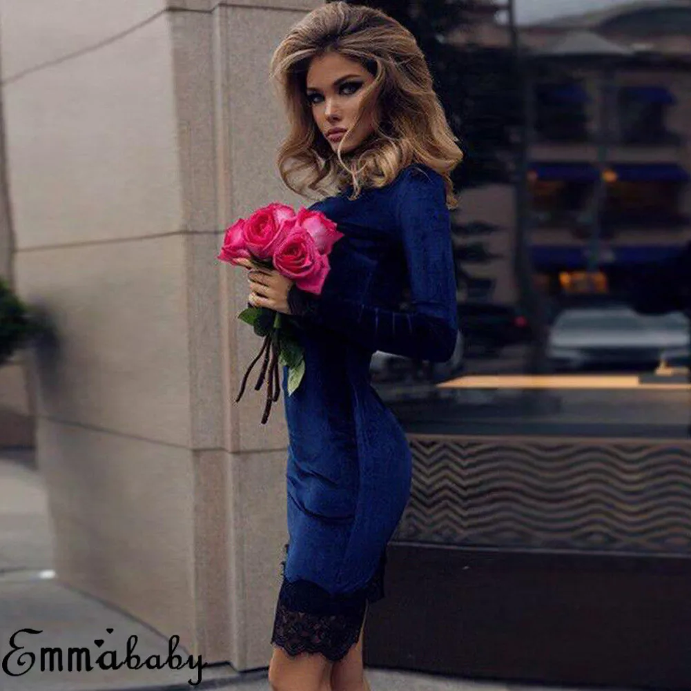 

New 2019 Fashion Women Spring Velvet Gold Dresses Femme Slim Long Sleeves Evening Holiday Party O-neck Lace Dress