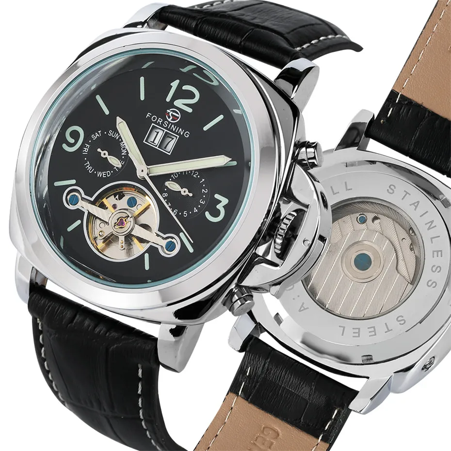 

Sport Men's Mechanical Wristwatch Tourbillon Automatic Man Timepiece Chronograph Luminous Auto-Date Design Genuine Leather Watch