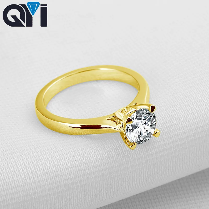 Кольцо женское из желтого золота с искусственным бриллиантом 1 карат|Кольца| |
