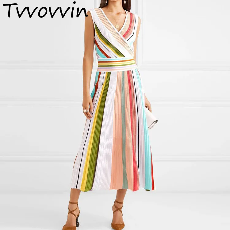 

TVVOVVIN 2019 summer new style rainbow vintage striped dress patchwork sleeveless v-neck casual street party feamle Tops C705
