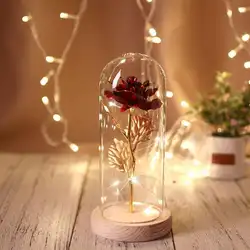 Красавица и Чудовище стеклянный купол позолоченный красная роза с светодиодный свет на День святого Валентина День рождения Свадьба