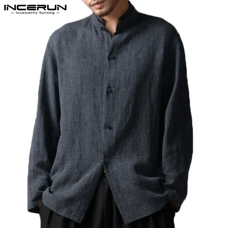 INCERUN الصينية نمط رجل قميص القطن الكتان زر طويلة الأكمام Camisa الغمد فضفاض موقف طوق خمر عارضة الرجال قمصان