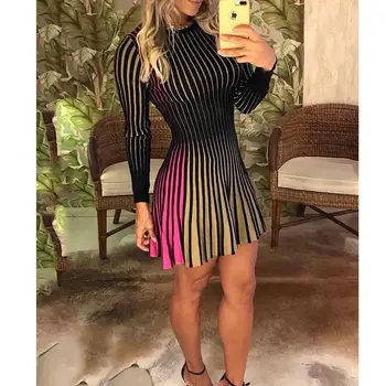 

Skirts 2019 New brand Women Sexy Color stripe Bodycon Party Long Sleeve Crew Neck Prom Club Mini Skirts