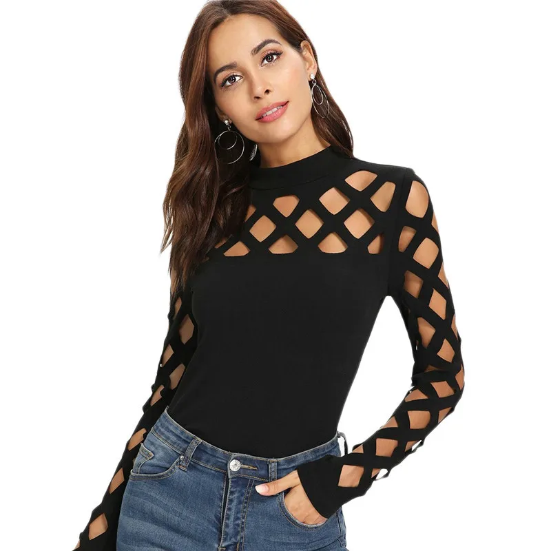 

XUXI Elegant Workwear Cutout Shoulder Fitted Skinny Tee Autumn Women Black Streetwear Party Sexy Office Lady T-shirt Top FZ650