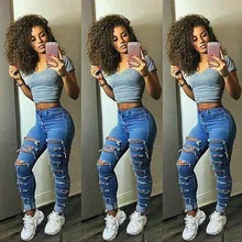 NEW Fashion Sexy High Waist Hole Stretch Trousers Slim Pencil Jeans Women Denim Skinny Pants Blue NEW Fashion Sexy High Waist Hole Stretch Trousers Slim Pencil Jeans Women Denim Skinny Pants Blue