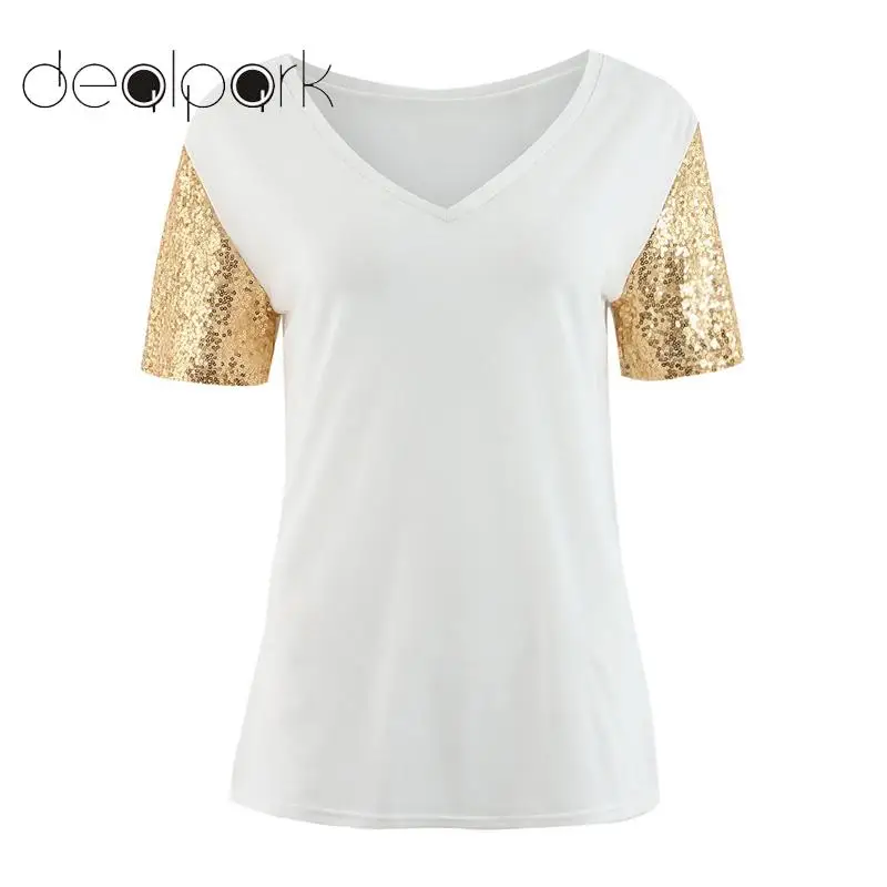 

2019 Korean Fashion Glitter Shinny T Shirt Women Short Sleeves T-shirt Sequined tshirt V Neck Tees Shirt Casual Tops tunics Lady