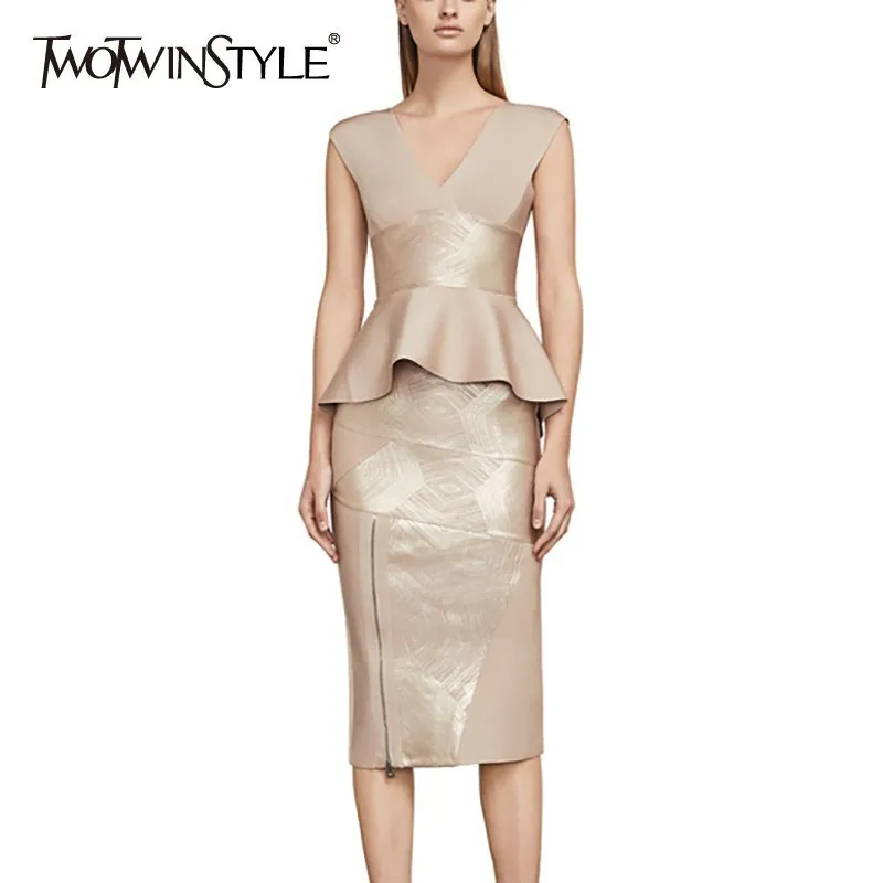 

TWOTWINSTYLE Slim Solid Women Suit Off Shoulder Backless V Neck Ruffles Tops Bodycon Sexy Skirt Two Piece Set Female 2019 Spring
