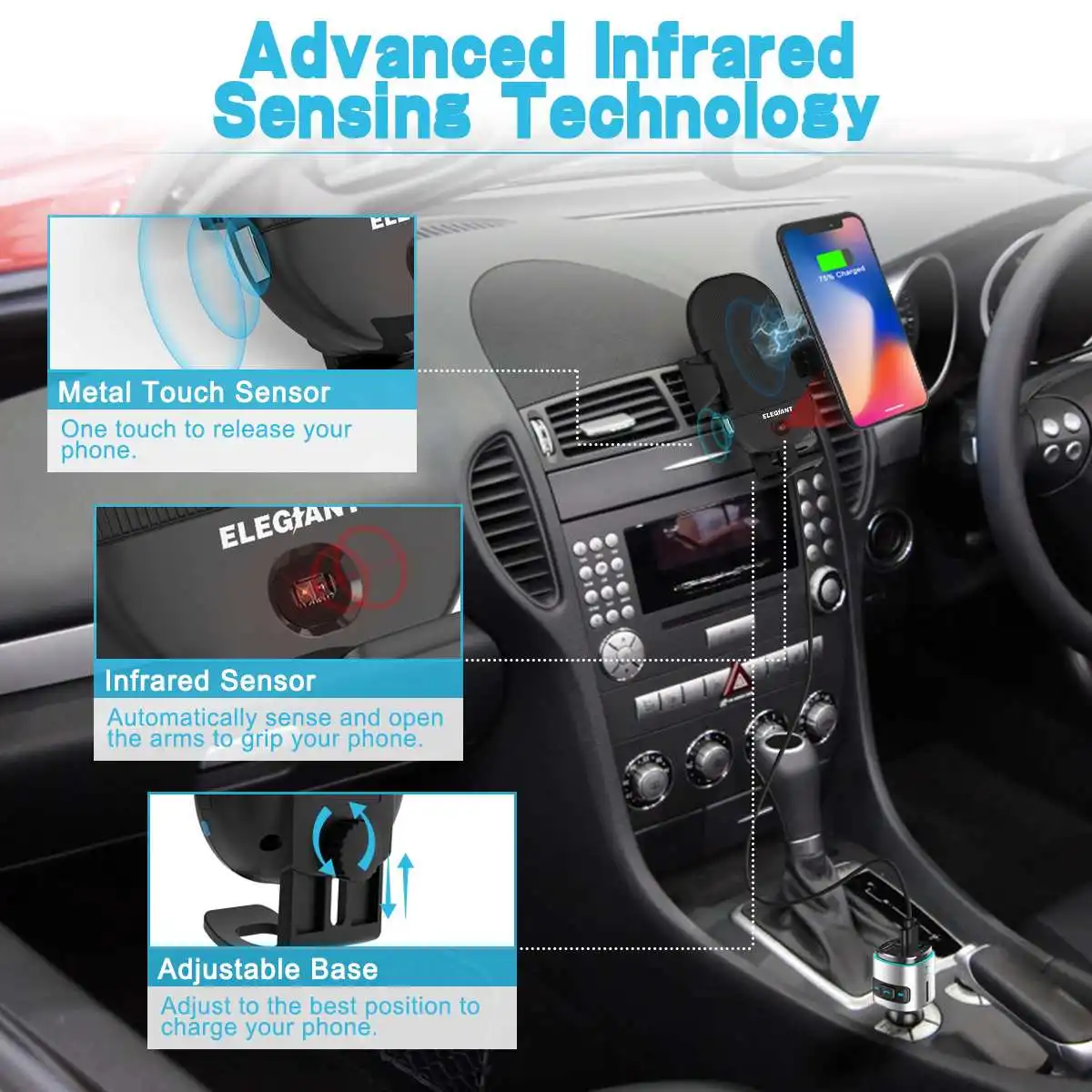 

Qi Car Wireless Charger Intelligent Infrared Sensor Fast Wireless With Built-in Battery Charging Car Phone Holder Air Vent Mount