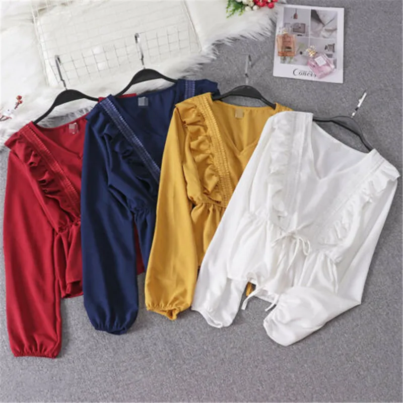 

Fashion Women's Ruffles Blouse 2019 New Spring Autumn Ladies Summer Long Sleeve Shirt Loose Casual Sexy Solid V Neck Blouse Tops