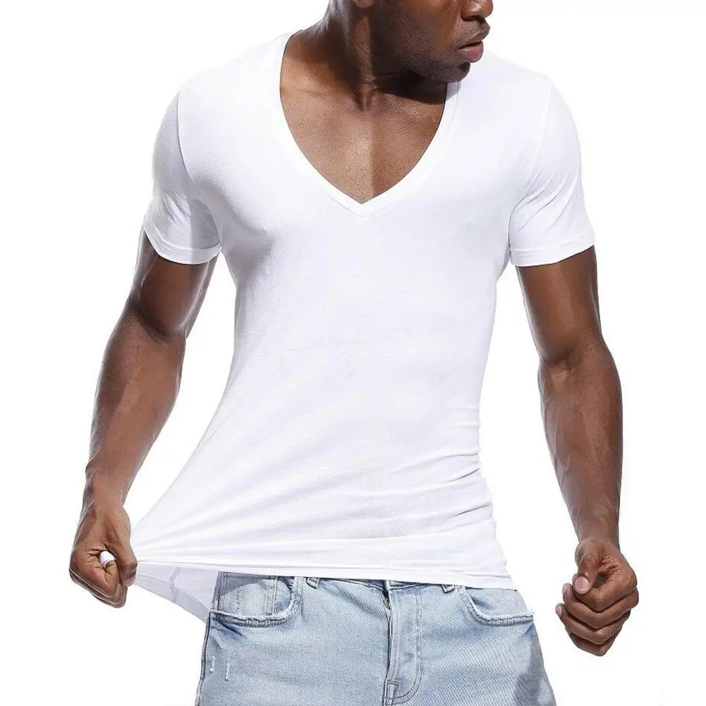 

ZACOO Men Slim Type Sexy Stretch Solid Color Deep V-neck T-shirt